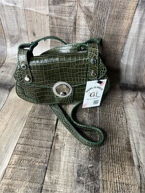 NICOLI Olive Croc-Embossed Shoulder Crossbody Bag with Silver Turn-Lock